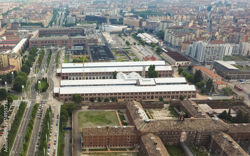 Aerial view of OGR (Officine Grandi Riparazioni) train repair shop in Turin