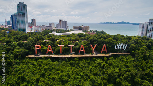 Aerial drone view of Pattaya City sign during beautiful summer day
