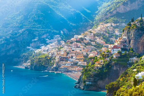 Morning view of Positano cityscape on coast line of mediterranean sea, Italy 