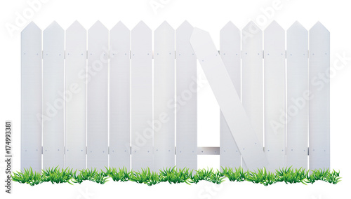 Wooden fence and grass on white background. Vector illustration.