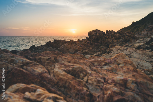 Seascape with rock in beautiful sunset in Khao Laem Ya, Thailand.