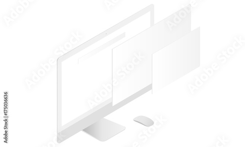 Computer monitor mockup with blank screen and blank web wireframing pages. Web design concept. Template to showcase responsive app or web projects. Vector illustration