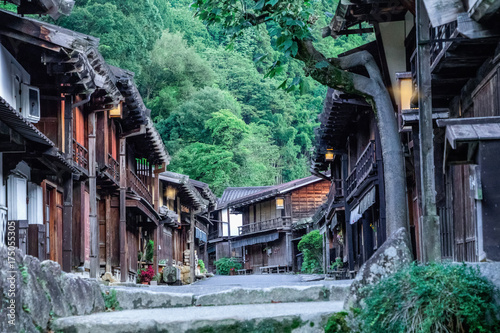 Kiso valley is the old town or Japanese traditional wooden buildings for the travelers walking at historic old street in Narai-juku , Nagano Prefecture, JAPAN.
