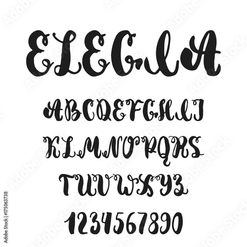 Hand drawn english lettering alphabet Elegia with examples of this font. Modern ink brush handwritten letters isolated on the white background.