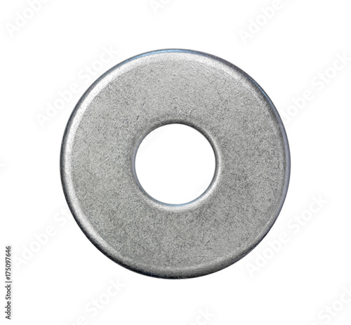 steel washer isolated on white background, top view closeup