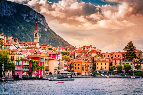 Must see in Italy. Lake Como. Varenna, Italy. Summer time. European vacation, living life style, architecture and travel concept.