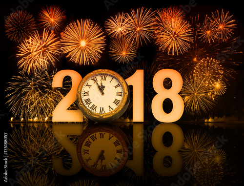 new year 2018 fireworks with clock face