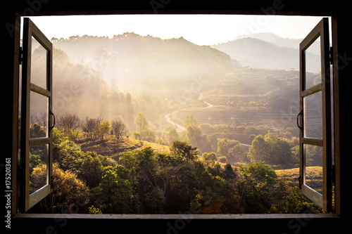 landscape nature view background. view from window at a wonderful landscape nature view with rice terraces and space for your text in Chiangmai, Thailand , Indochina