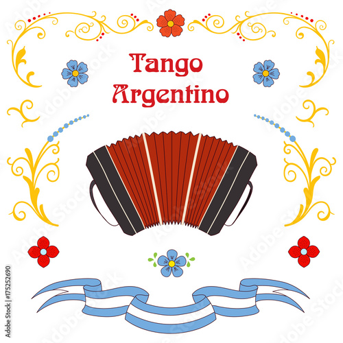 Hand drawn vector illustration with argentine tango design elements - bandoneon, text and traditional Buenos Aires fileteado ornaments.
