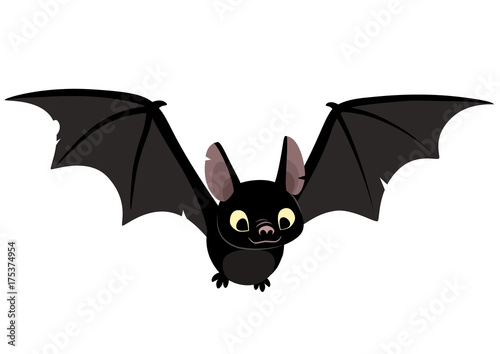 Vector cartoon illustration of cute friendly black bat character, flying with wings spread, in flat contemporary style isolated on white.