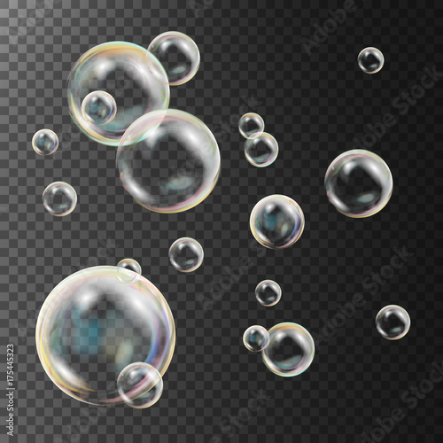Realistic Soap Bubbles Vector. Rainbow Reflection. Aqua Wash. Isolated Illustration