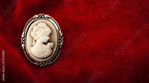 Cameo brooch representing the side portrait of a woman carved in white stone or ivory with golden elements on burgundy red velvet with copy space