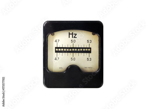 Ancient frequency meter measuring the frequency (Xz) isolated on a white background. Vibration, reed frequency meters, resonant oscillations, alternating magnetic or electric field. Hertzmet