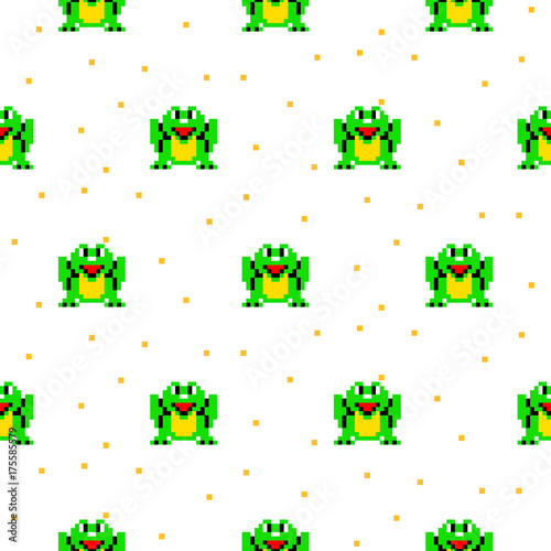 Green frog cartoon pixel art seamless vector pattern. Funny kid animal repeat background for textile and wallpaper design.