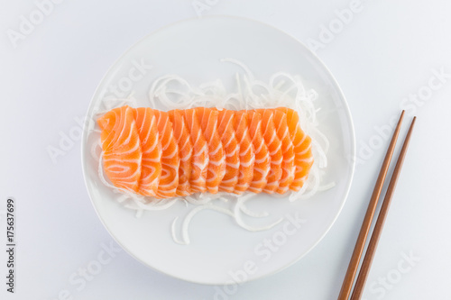 salmon sashimi, raw on a plate on a white background