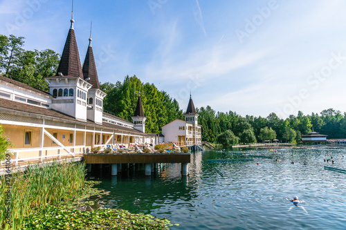 HEVIZ, HUNGARY. The Heviz Spa and bathers in Hungary. Lake Heviz is the 2nd largest natural thermal lake in the world.