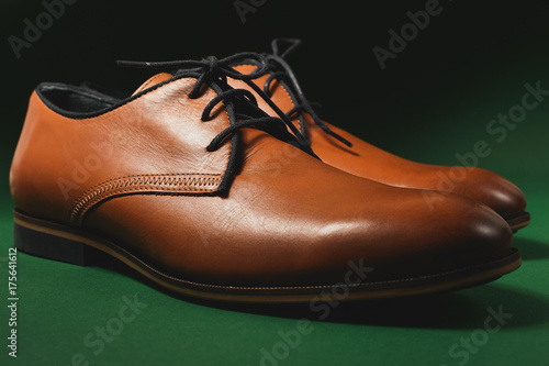brown male shoes in green background