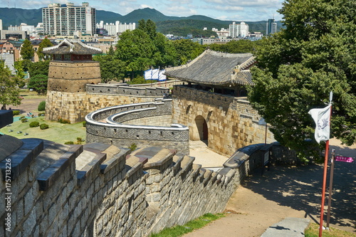 Gate and Wall of Historic Hwaseong Fortress in Suwon City, South Korea