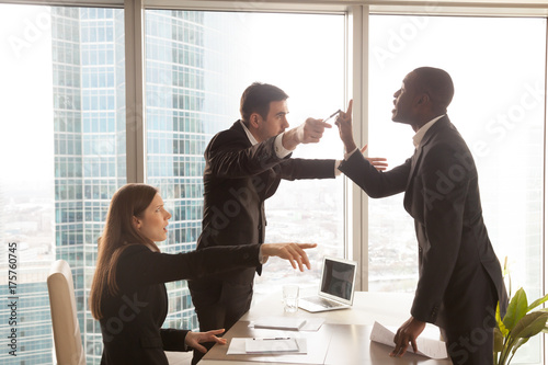 Disappointed with decision african american male candidate insulting recruiters, offended employers dismissing dissatisfied applicant after failed interview. Dismissal from work, refusal to finance