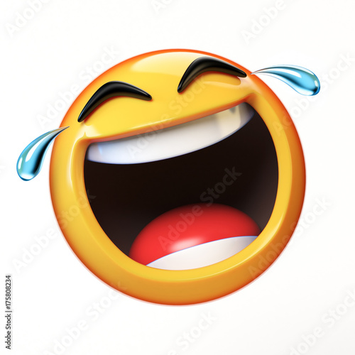 Happy cry Emoji isolated on white background, laughing face emoticon 3d rendering