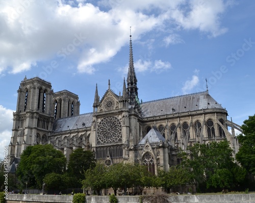 Right side view of Cathedral Notre-Dame de Paris, in the fourth arrondissement of Paris, France