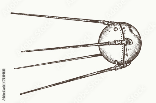 Sputnik vector. Earth satellite sputnik, hand drawn