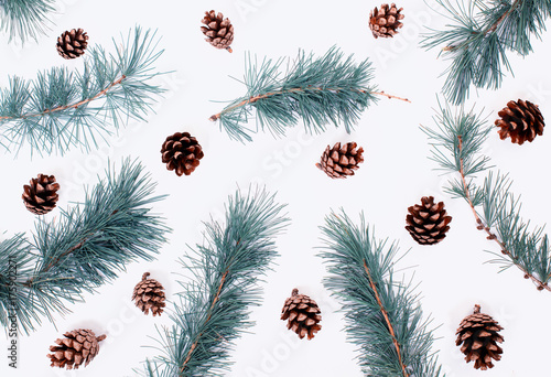 Natural flat lay background with larch branches and pine cones.