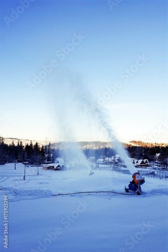 Snow cannons on the ski slopes
