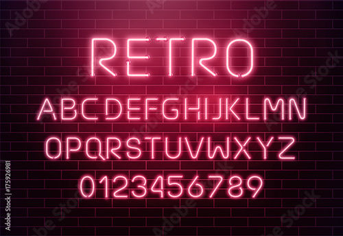 Light neon font letter set. Bar sign vector type. Glowing casino and cinema red text alphabet on brick wall background. Retro background.