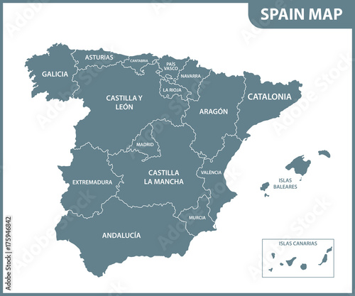 The detailed map of the Spain with regions
