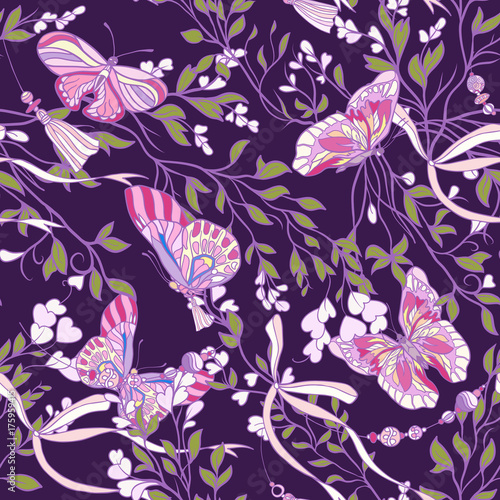 Roses and butterflies. Seamless pattern, background, in purple a
