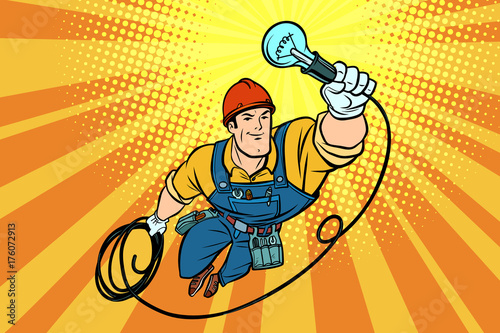 worker electrician light bulb flying superhero