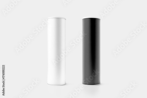 Blank black and white cardboard cylinder box mockup with plastic lid, 3d rendering. Clear cyllindrical tube container with cap mock up. Snack or bottle carton packaging template. Tin round canister.