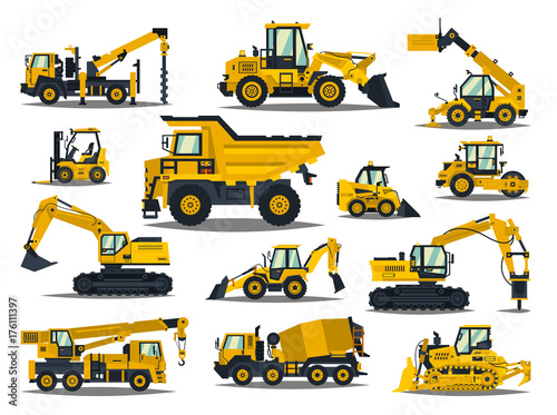 Big set of construction equipment. Special machines for the construction work. Forklifts, cranes, excavators, tractors, bulldozers, trucks. Special equipment. Road repair. Commercial Vehicles.