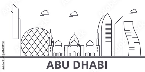 Abu Dhabi architecture line skyline illustration. Linear vector cityscape with famous landmarks, city sights, design icons. Editable strokes