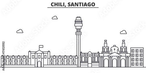 Chile, Santiago architecture line skyline illustration. Linear vector cityscape with famous landmarks, city sights, design icons. Editable strokes