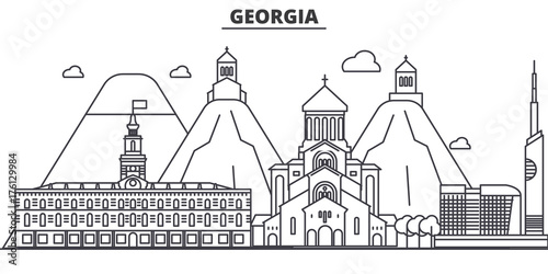 Georgia architecture line skyline illustration. Linear vector cityscape with famous landmarks, city sights, design icons. Editable strokes