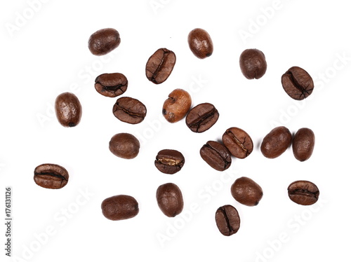 Pile coffee beans isolated on white background, top view 