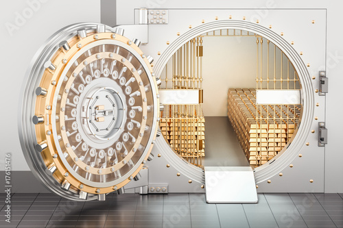 Open Bank Vault with golden ingots, 3D rendering