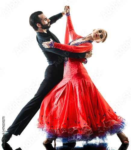 one caucasian man and woman couple ballroom tango salsa dancer dancing in studio silhouette isolated on white background