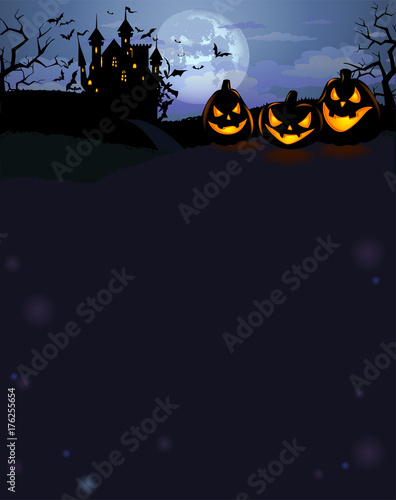 Halloween background with scary pumpkins and Dracula castle
