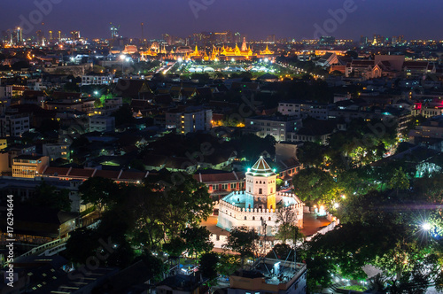 Bangkok city - Phra Sumen Fort with the Grand Palace and EMERALD BUDDHA WAT PHRA KAEW in Bangkok cityscape at night , landscape bangkok Thailand