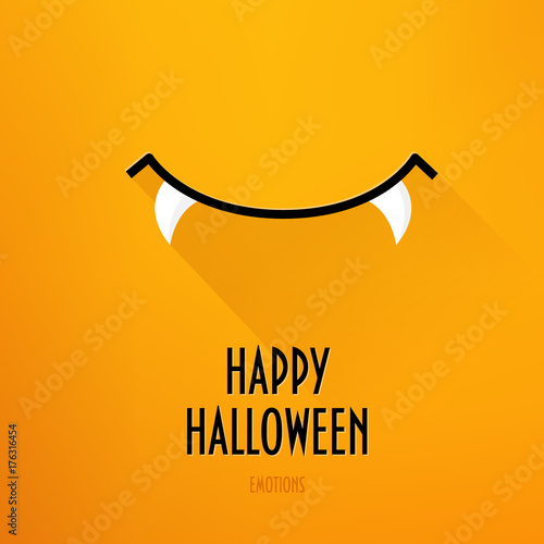 Happy Halloween card with vampire's smile and greeting text on orange background. Flat design. Vector.