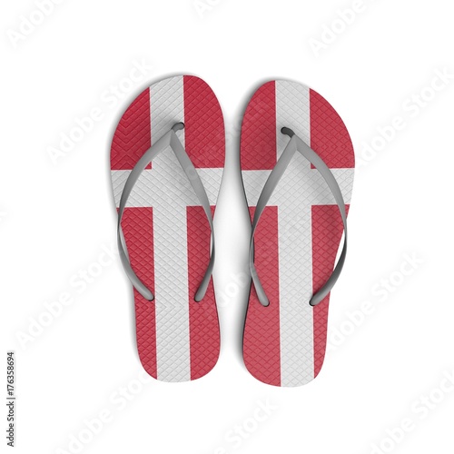 Denmark flag flip flop sandals on a white background. 3D Rendering