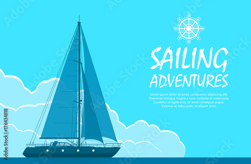 Sailing yacht in the sea. Landscape with luxury yacht on huge blue cloudy sky background. Vector illustration.