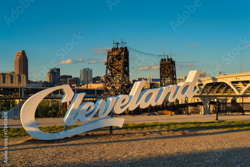 Cleveland sign in front of city skyline