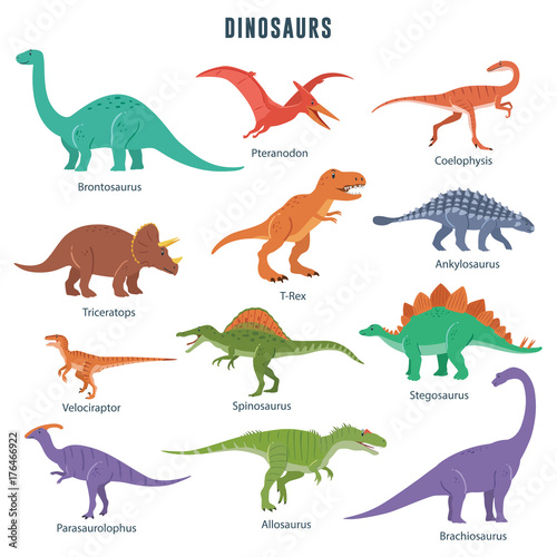 Set of dinosaurs including T-rex, Brontosaurus, Triceratops, Velociraptor, Pteranodon, Allosaurus, etc. Isolated on white