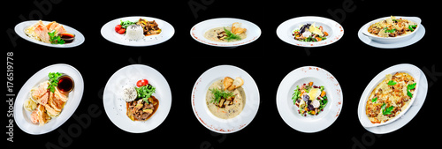 Set of delicious classic dishes. Autumn menu in an Italian restaurant isolated on black background