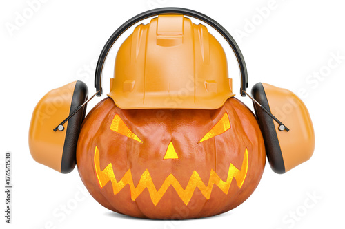 Halloween pumpkin with hardhat and ear defenders, 3D rendering