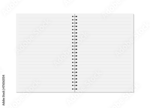 Notebook mock up isolated on white background. Lined pages, copybook with metal spiral template. Realistic opened notebook vector illustration.